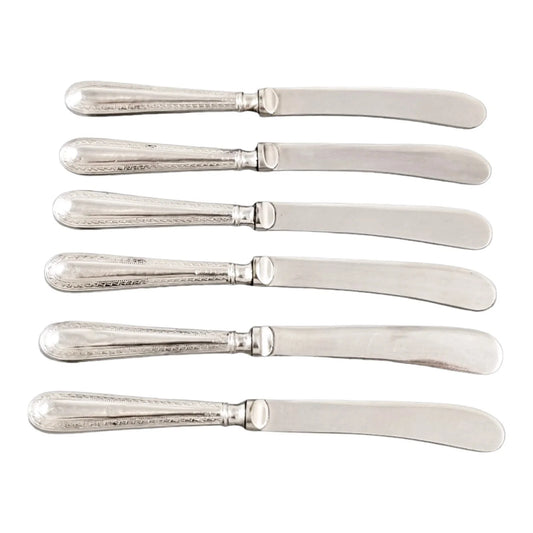 Art Deco sterling silver set 6 tea butter knives, geometric bands, cased, Yates Bros, 1932