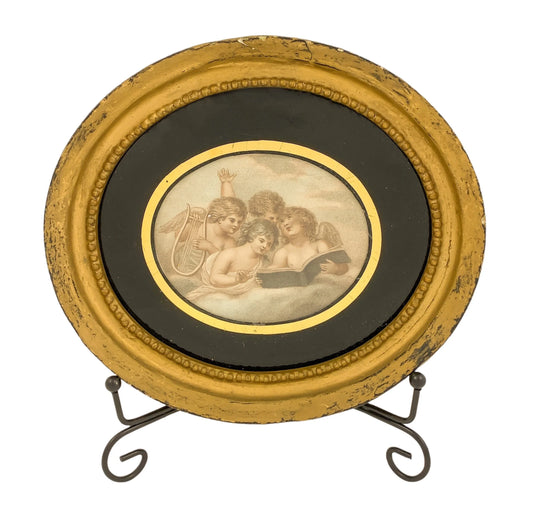1850’s Victorian colour print of cherubs playing harp in an oval gilded plaster frame