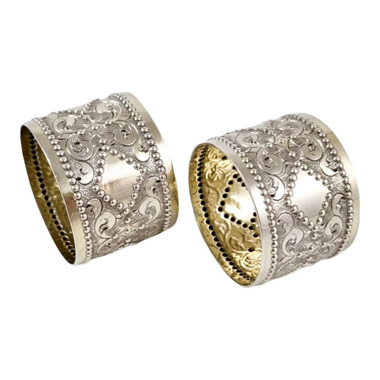 Victorian sterling silver boxed pair 2 napkin rings scrolls & beads, vacant cartouche, William Hunter 1876