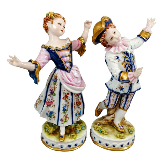 Capodimonte Tiche Galletti porcelain figurines of lady and cavalier in Regency costumes