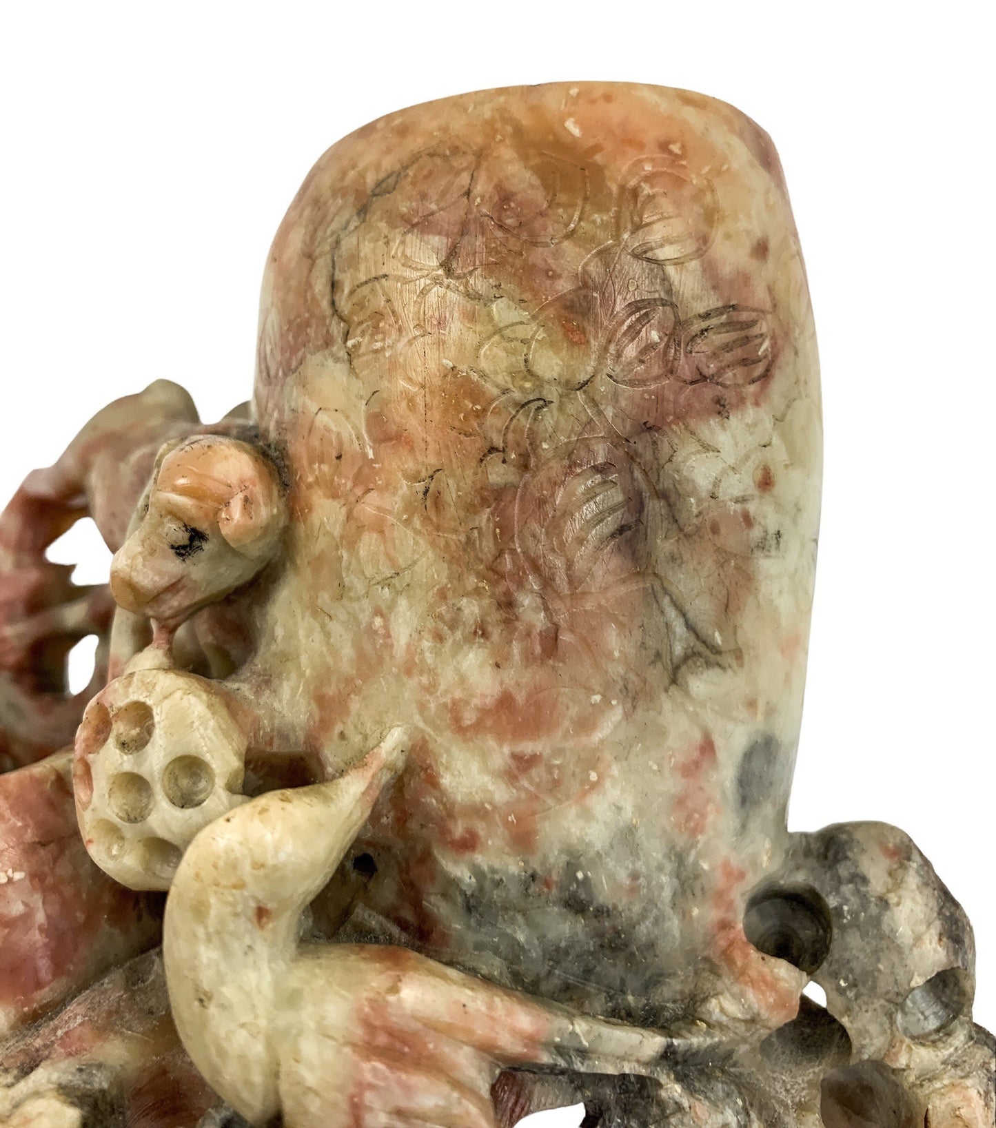 Chinese Republic soapstone calligraphy figural brush washer and brush pot with monkeys and bird figurine