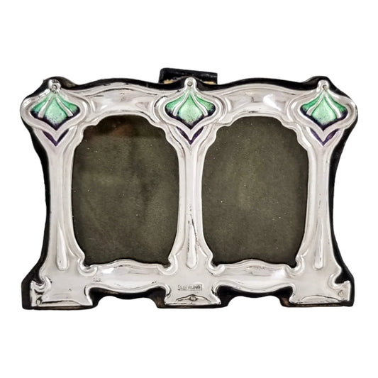 Miniature Art Nouveau / Arts & Crafts style sterling silver double photo frame in green and purple enamels