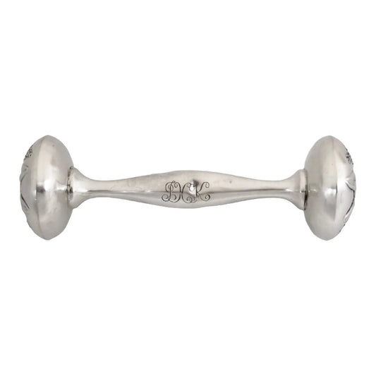 Webster sterling silver Peter Rabbit dumbbell baby rattle, Christening present, embossed flowers, Bunny art