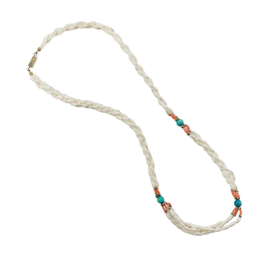 Vintage 1960's three strand pearl, coral and turquoise necklace