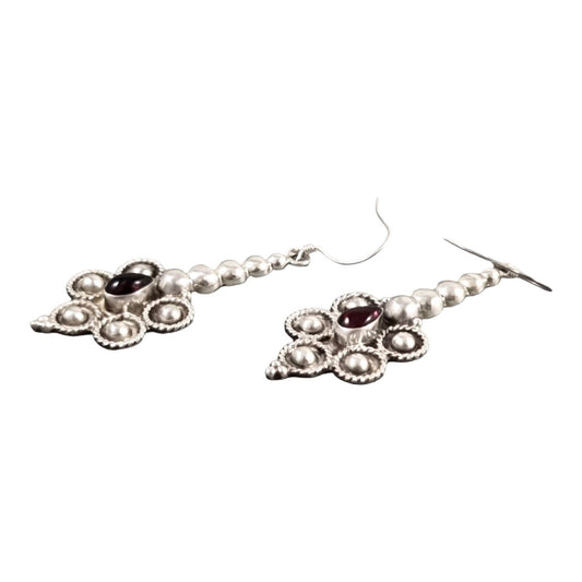 Vintage sterling silver garnet floral large beaded drop earrings, Capricorn / Aquarius January birthstone