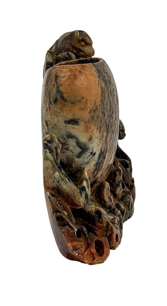 Chinese Republic soapstone calligraphy figural double brush pot figurine with monkeys and birds