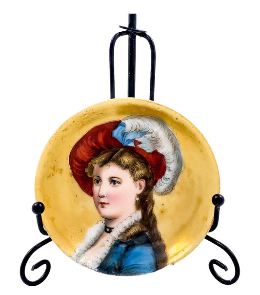 19th Century German Biedermeier KPM miniature porcelain bowl / trinket dish with portrait of lady in feather hat