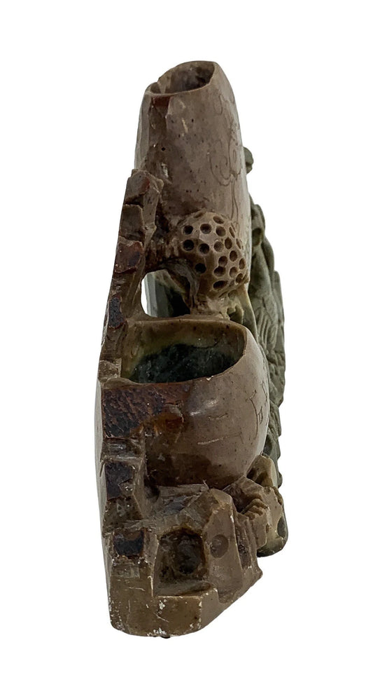 Chinese Republic soapstone calligraphy figural brush washer and brush pot with monkeys, birds, fish, figurine