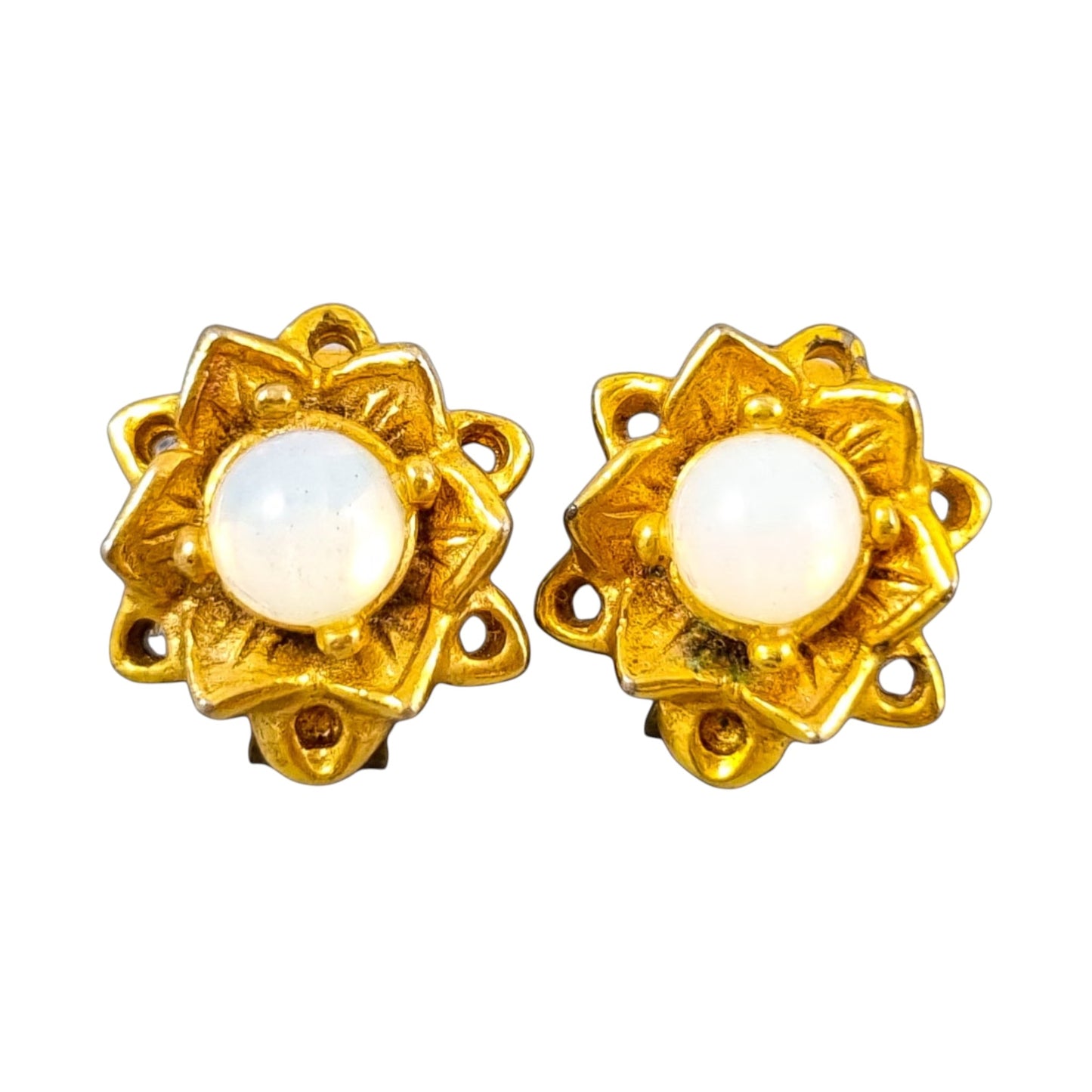 1960's gold plated opalite floral cluster ear clips