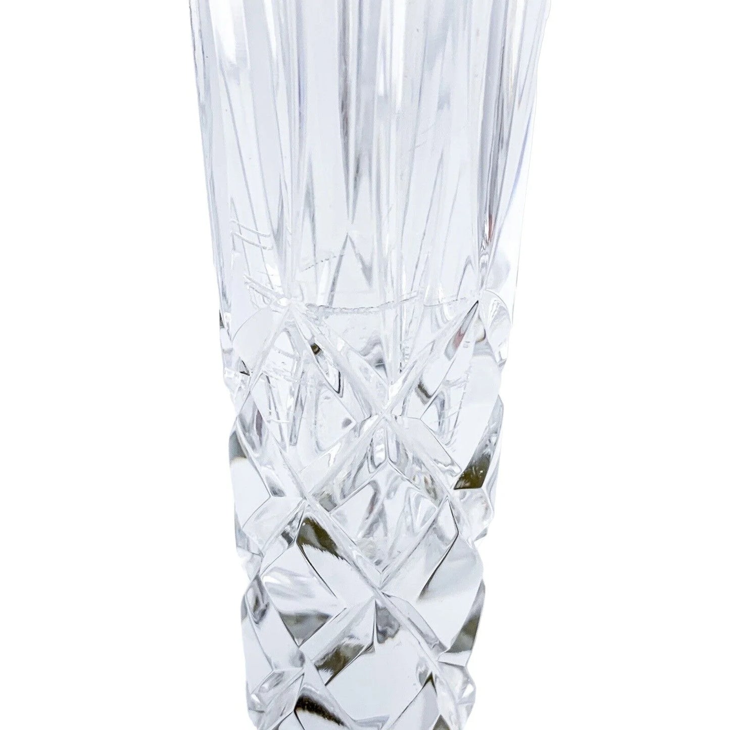Tall crystal trumpet vase resting on a sterling silver stepped round foot