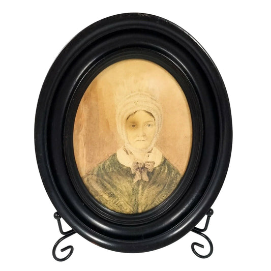 Victorian watercolour miniature portrait of matron in mob cap, oval ebonised frame