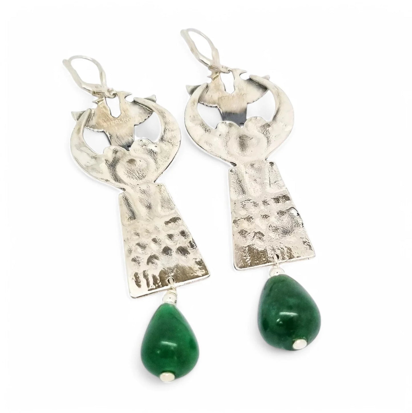 Art Deco Egyptian Revival sterling silver dangle earrings with green jade drops