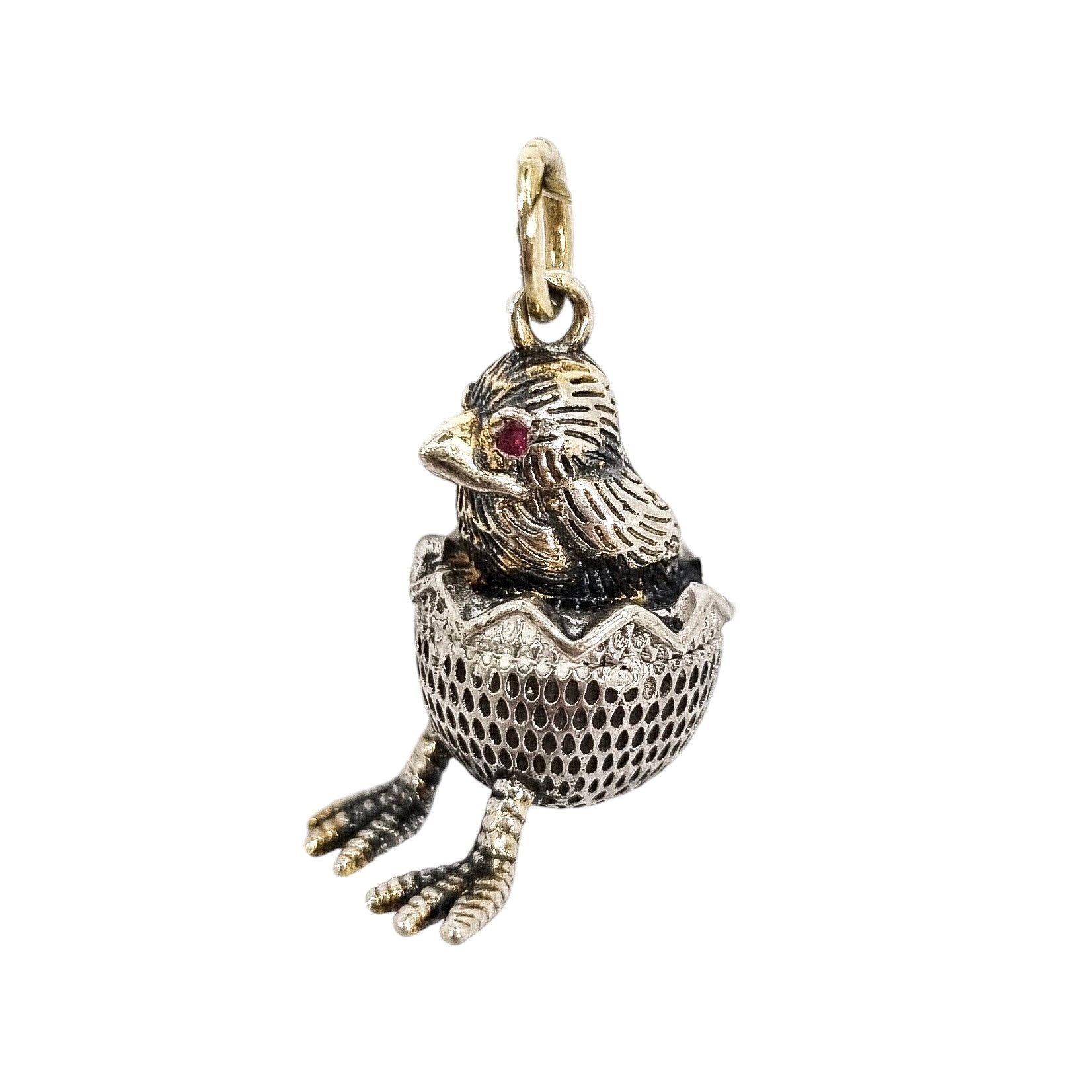 Russian 84 silver gilt egg chick hatching pendant with ruby eyes
