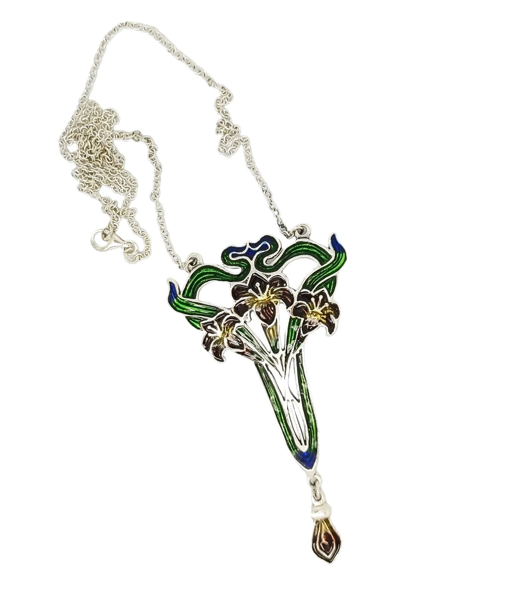 Art Nouveau sterling silver enamel floral pendant necklace