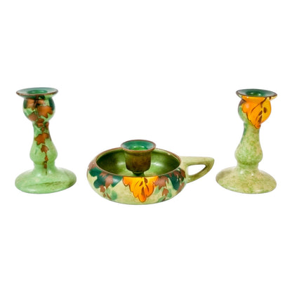 Studio Pottery green chamberstick and 2 matching candlesticks decorated with autumn oak leaves