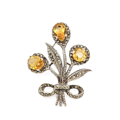Art Deco sterling silver citrine floral spray brooch with marcasites
