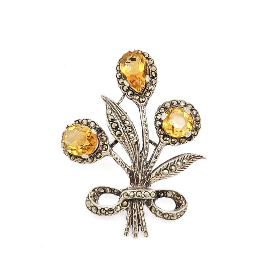 Art Deco sterling silver citrine floral spray brooch with marcasites