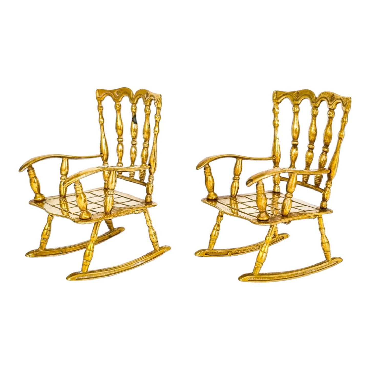 Vintage brass pair of 2 miniature rocking armchairs, dollhouse furniture