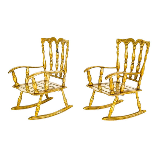 Vintage brass pair of 2 miniature rocking armchairs, dollhouse furniture