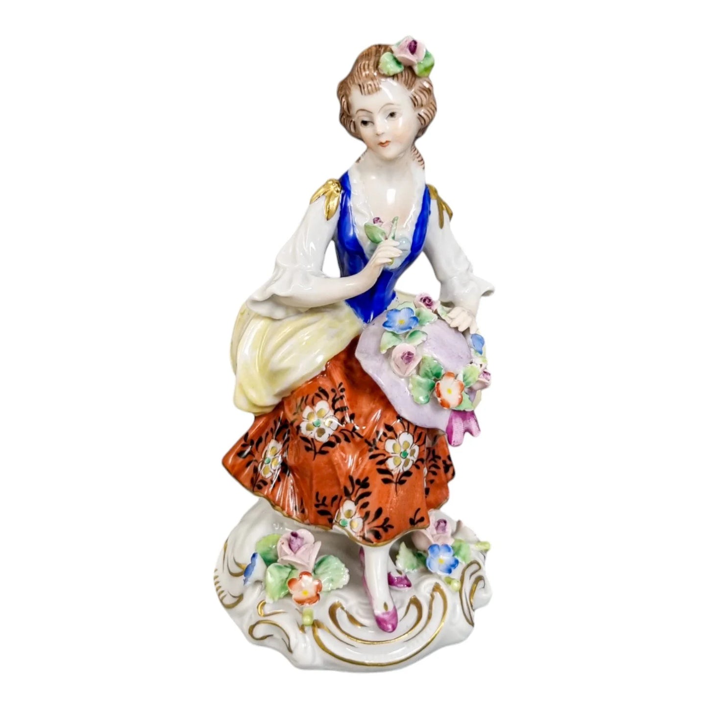 Sitzendorf porcelain figurine young girl with flower hat on tree stump