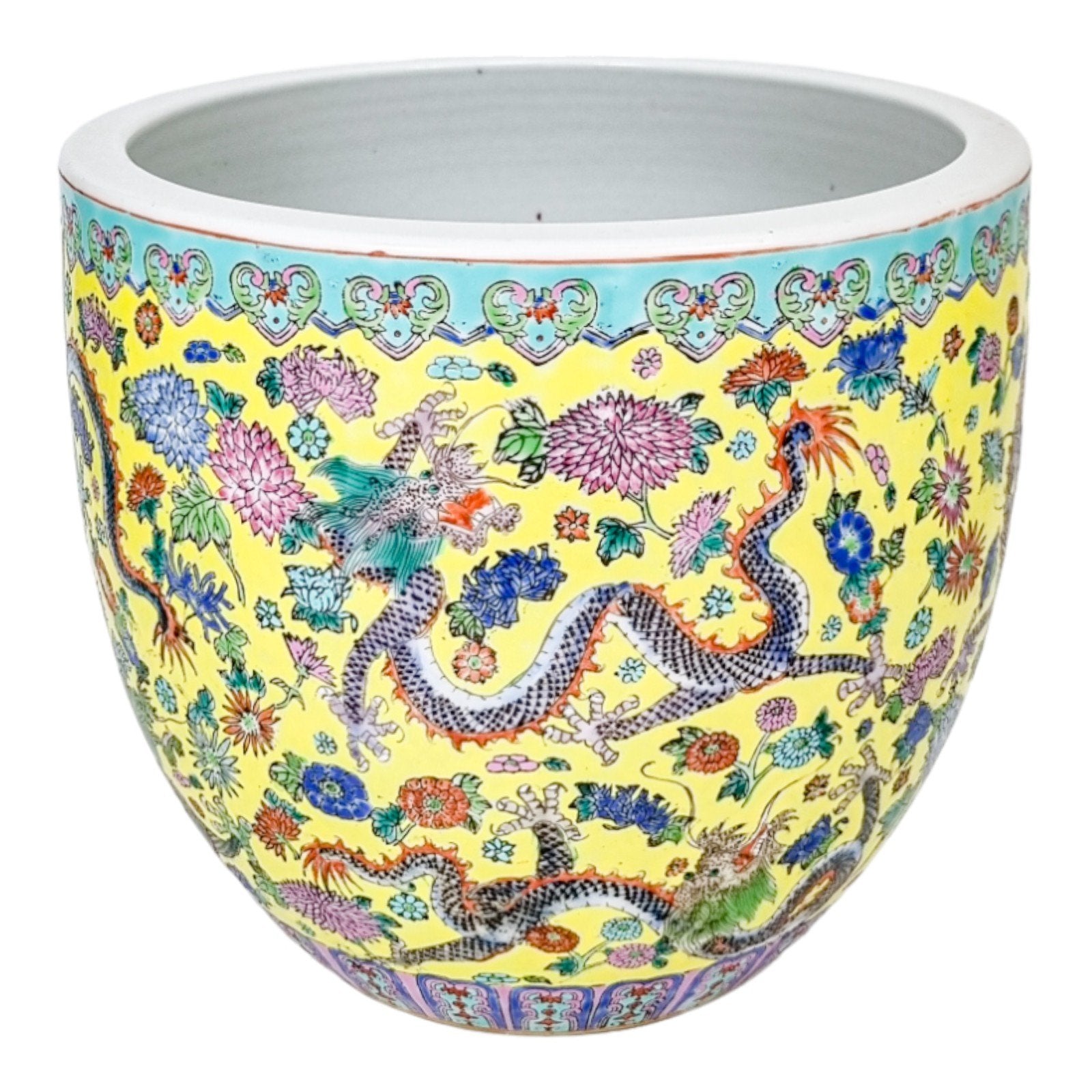 Large Chinese famille jaune porcelain jardinière with dragons and chrysanthemum flowers