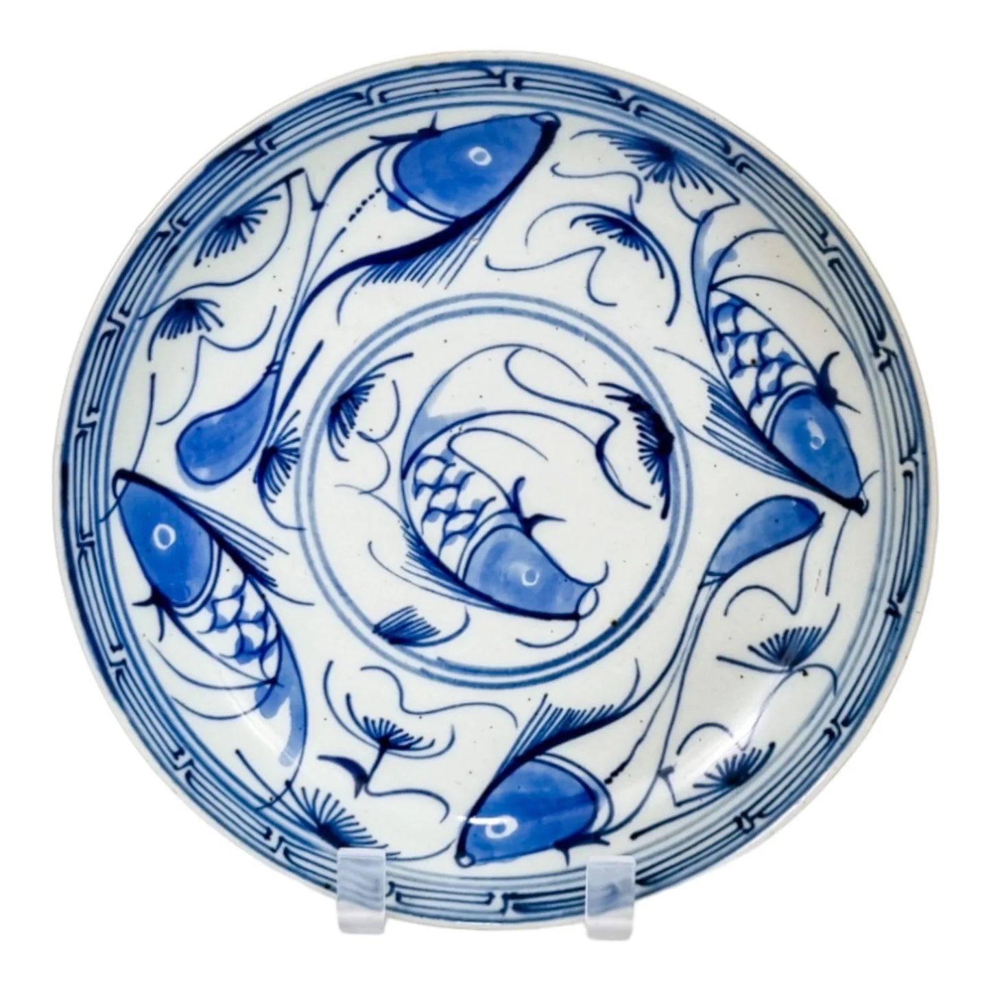 1860's Tongzhi signed Chinese export blue and white porcelain koi carp bowl