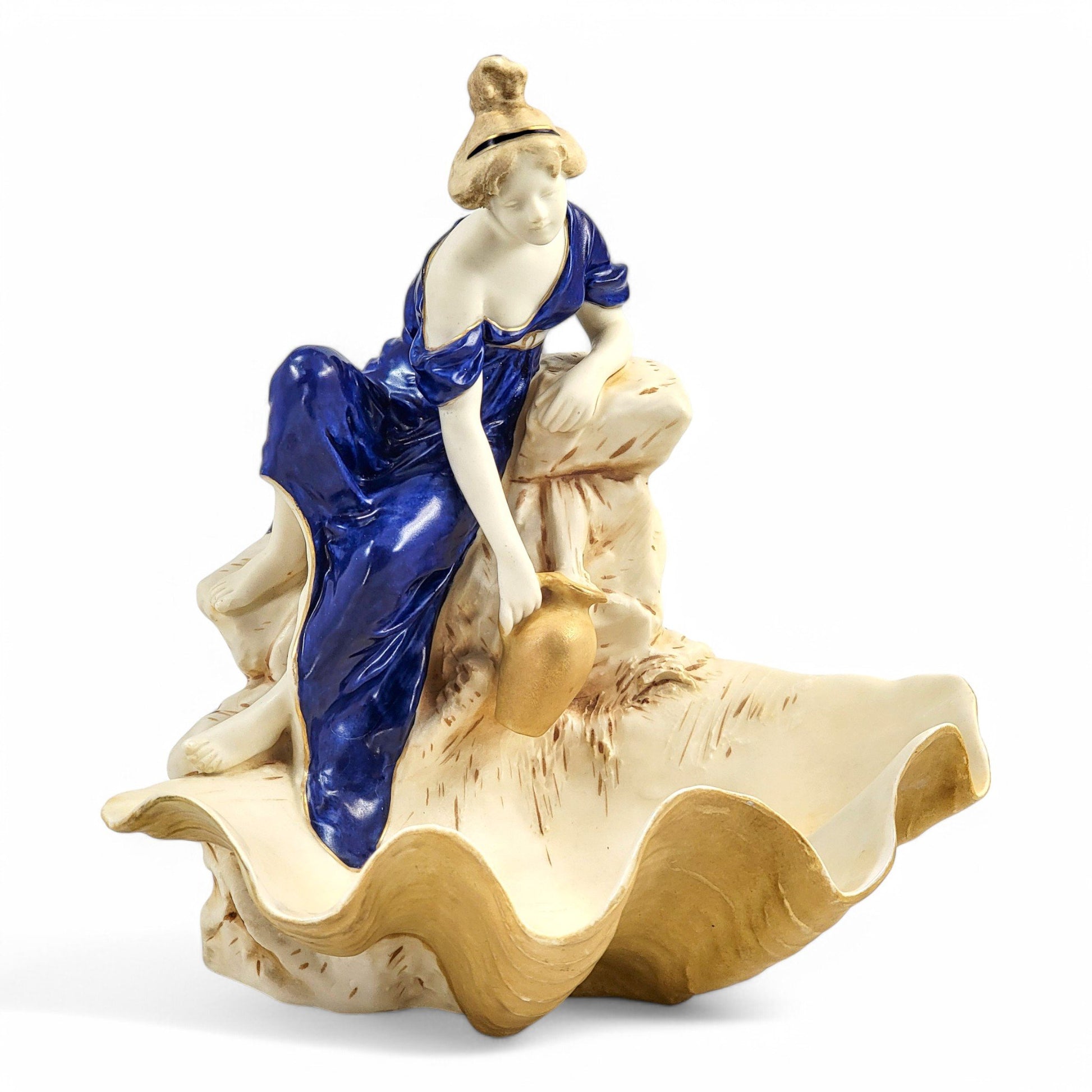 Royal Dux Bohemia Art Nouveau porcelain centrepiece with water bearer and giant clam shell, Czechoslovakia, circa 1920s