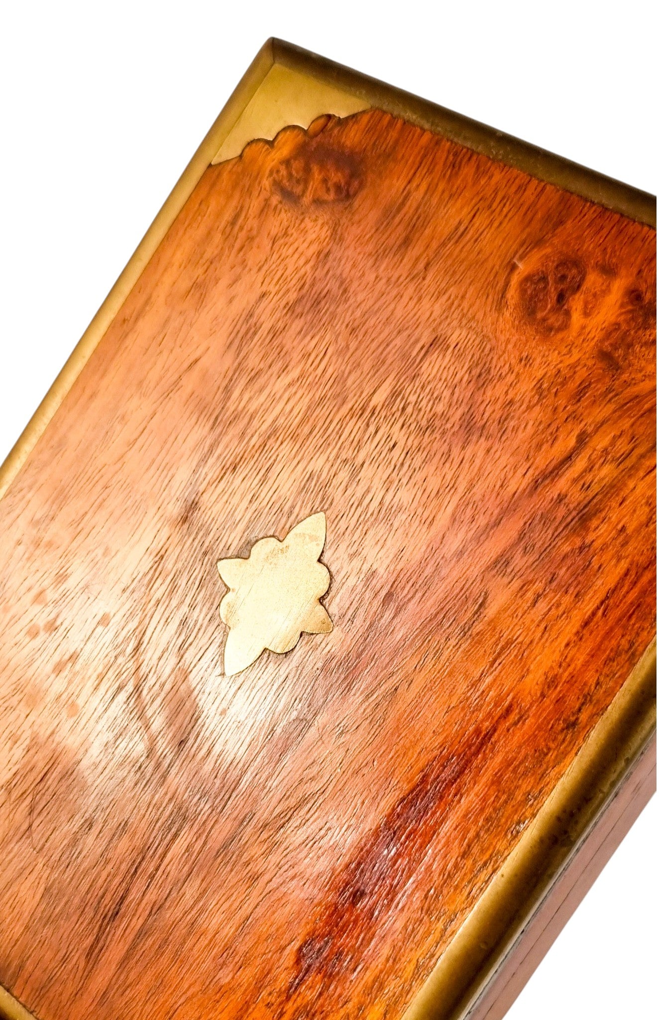Vintage Indian rosewood campaign style box, brass-bound