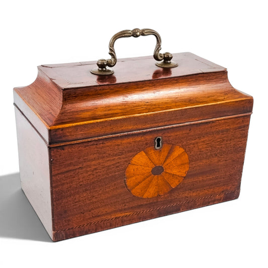 George III mahogany tea caddy, satinwood marquetry