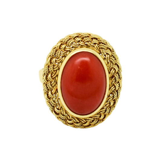 Vintage 1980's 18ct yellow gold oval coral cabochon cocktail ring, basket weave halo, size N