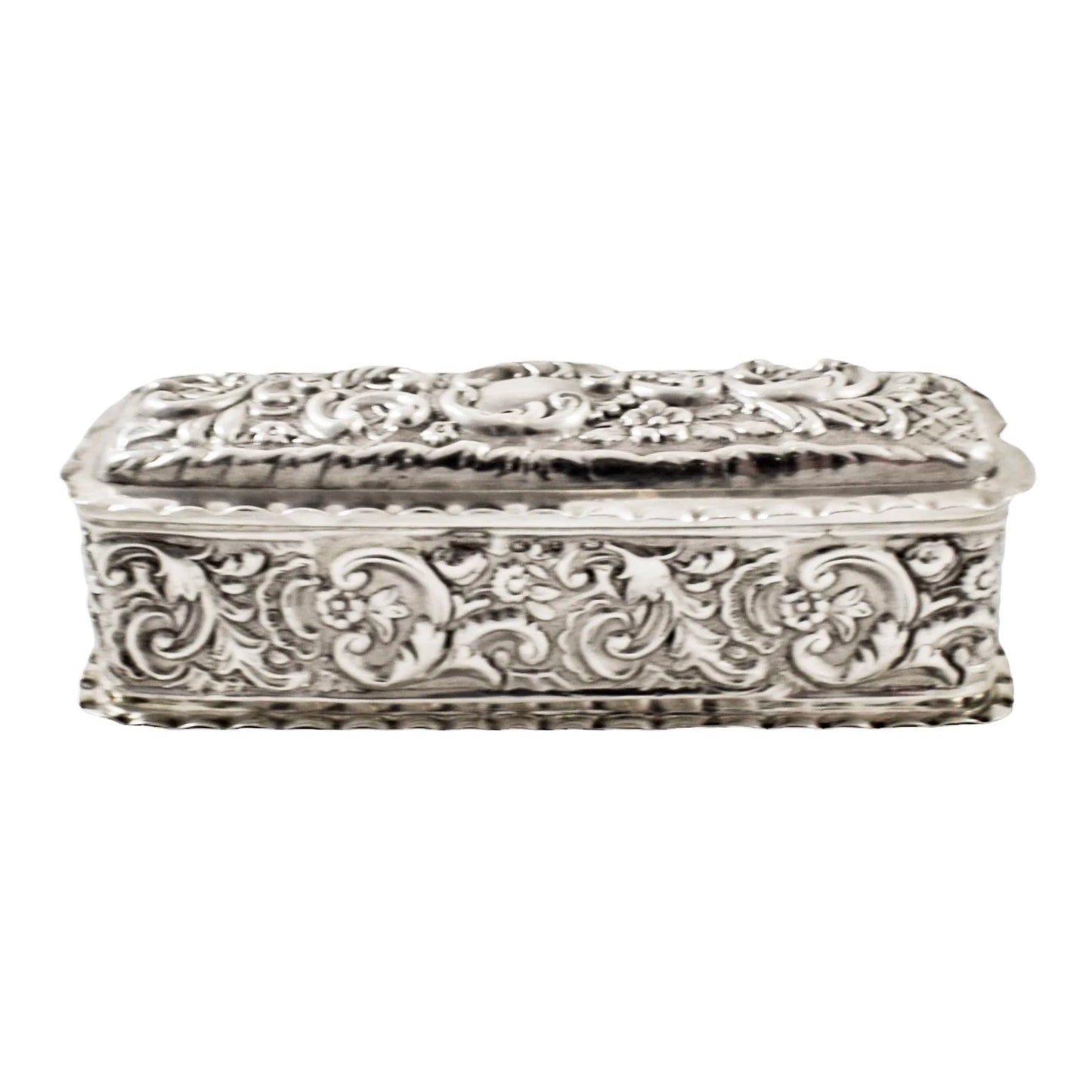 Victorian sterling silver dressing table snuff box embossed with Art Nouveau scrolls