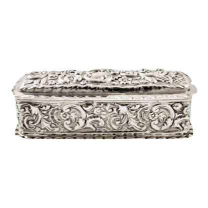 Victorian sterling silver dressing table snuff box embossed with Art Nouveau scrolls