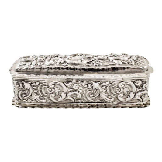 Victorian sterling silver dressing table snuff box embossed with Art Nouveau scrolls