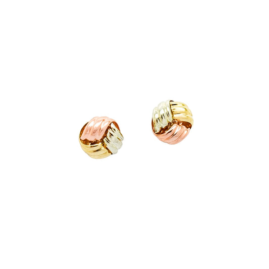 Vintage tri-colour stud earrings in yellow, white and rose gold