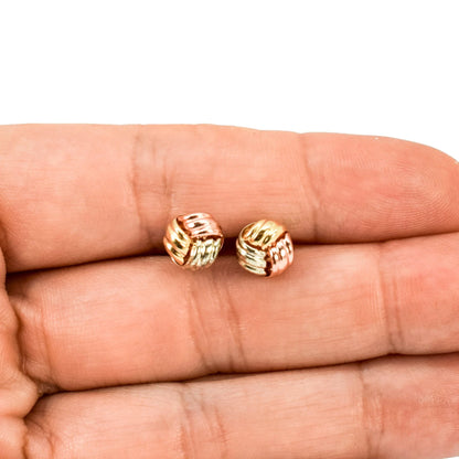 Vintage tri-colour stud earrings in yellow, white and rose gold