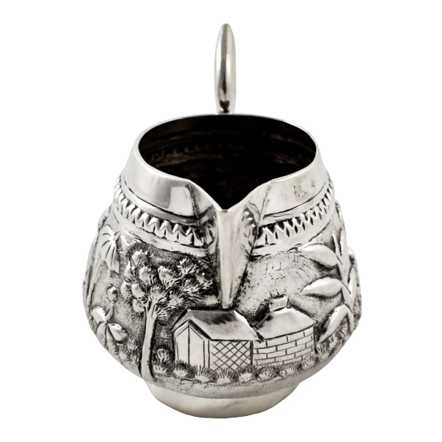 Colonial Raj Calcutta silver milk jug / creamer embossed with village scenes