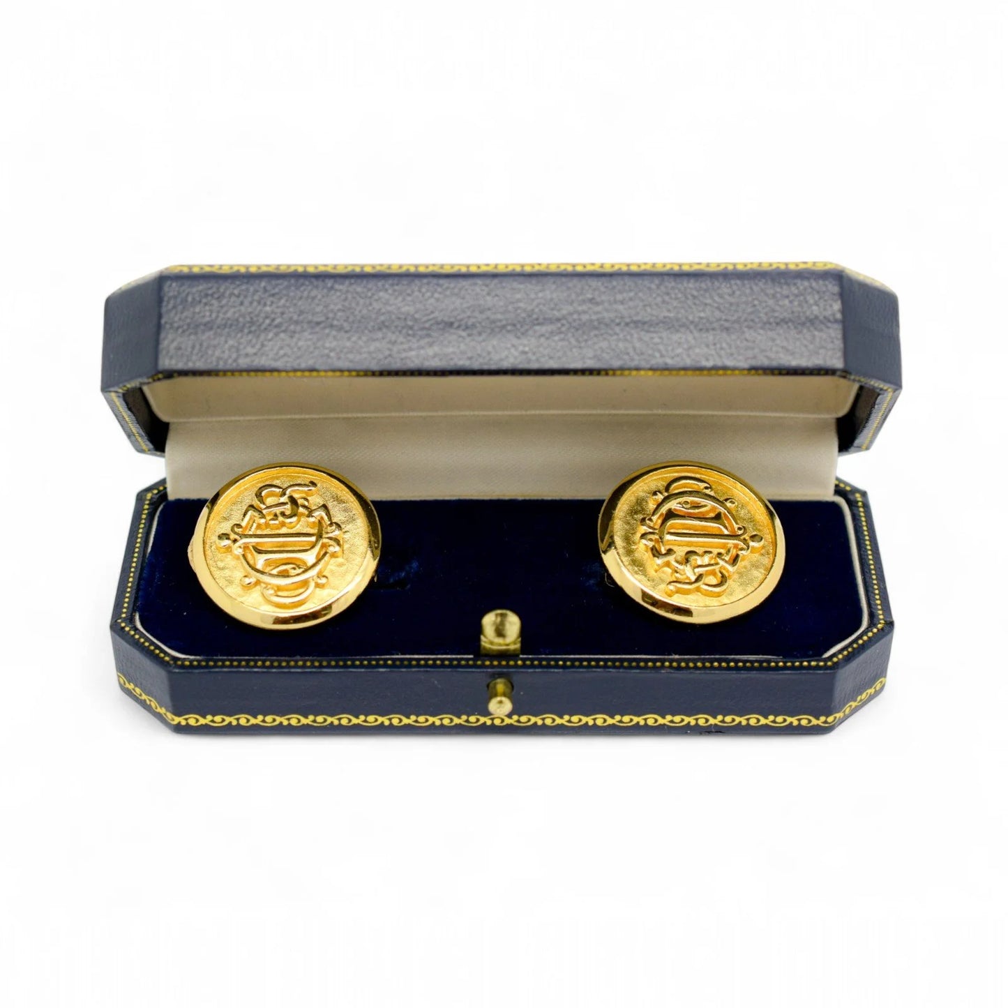 Boxed vintage Christian Dior 1980's insignia initial monogram logo round clip on earrings