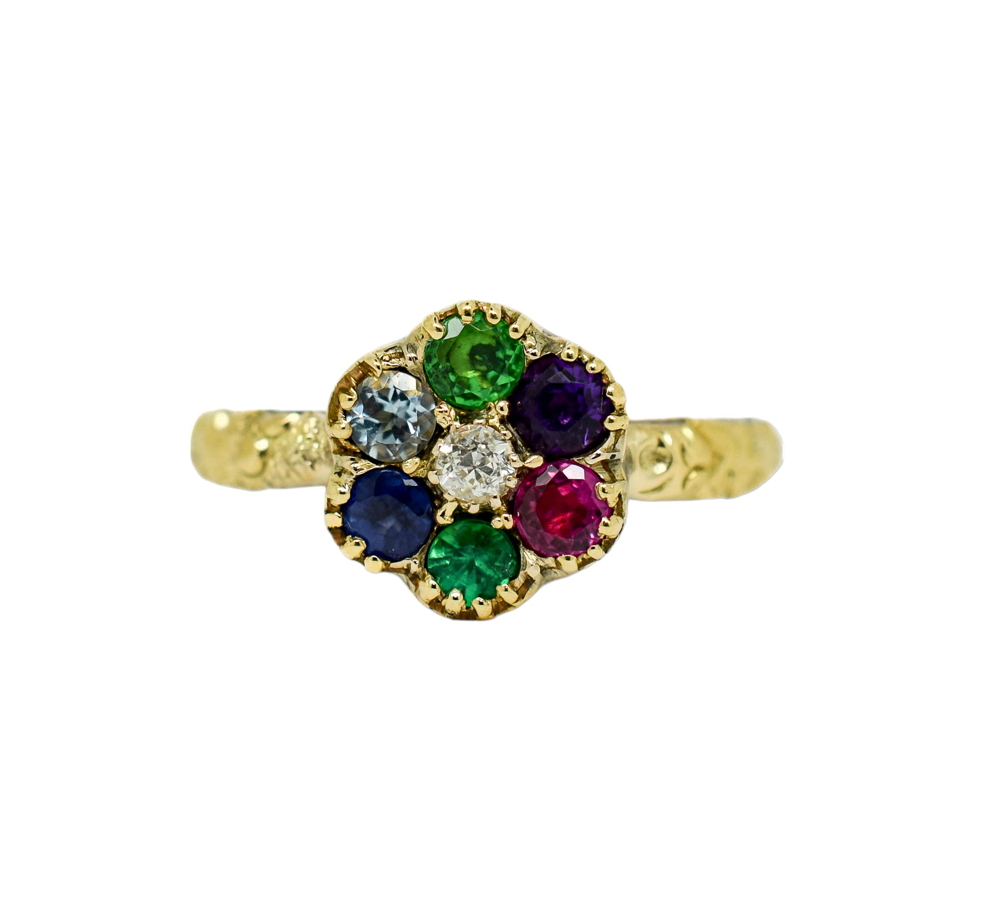 "DEAREST" acrostic Victorian daisy cluster ring (Diamond, Emerald, Amethyst, Ruby, Emerald, Sapphire, Topaz), size M