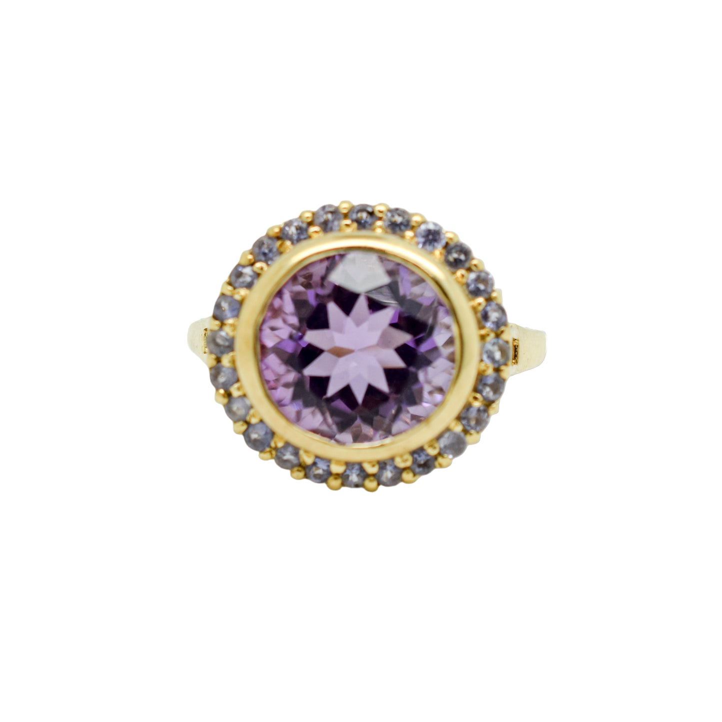 Vintage 5ct amethyst and topaz round-cut statement ring in 9ct yellow gold, size N