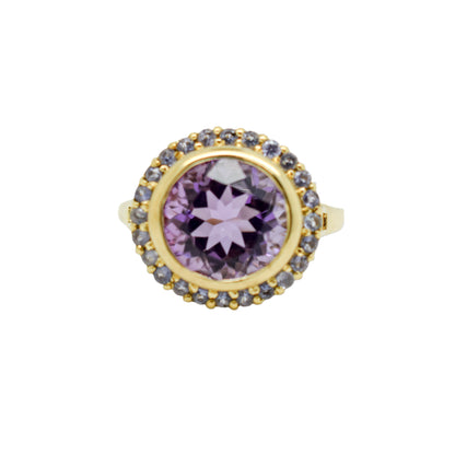 Vintage 5ct amethyst and topaz round-cut statement ring in 9ct yellow gold, size N