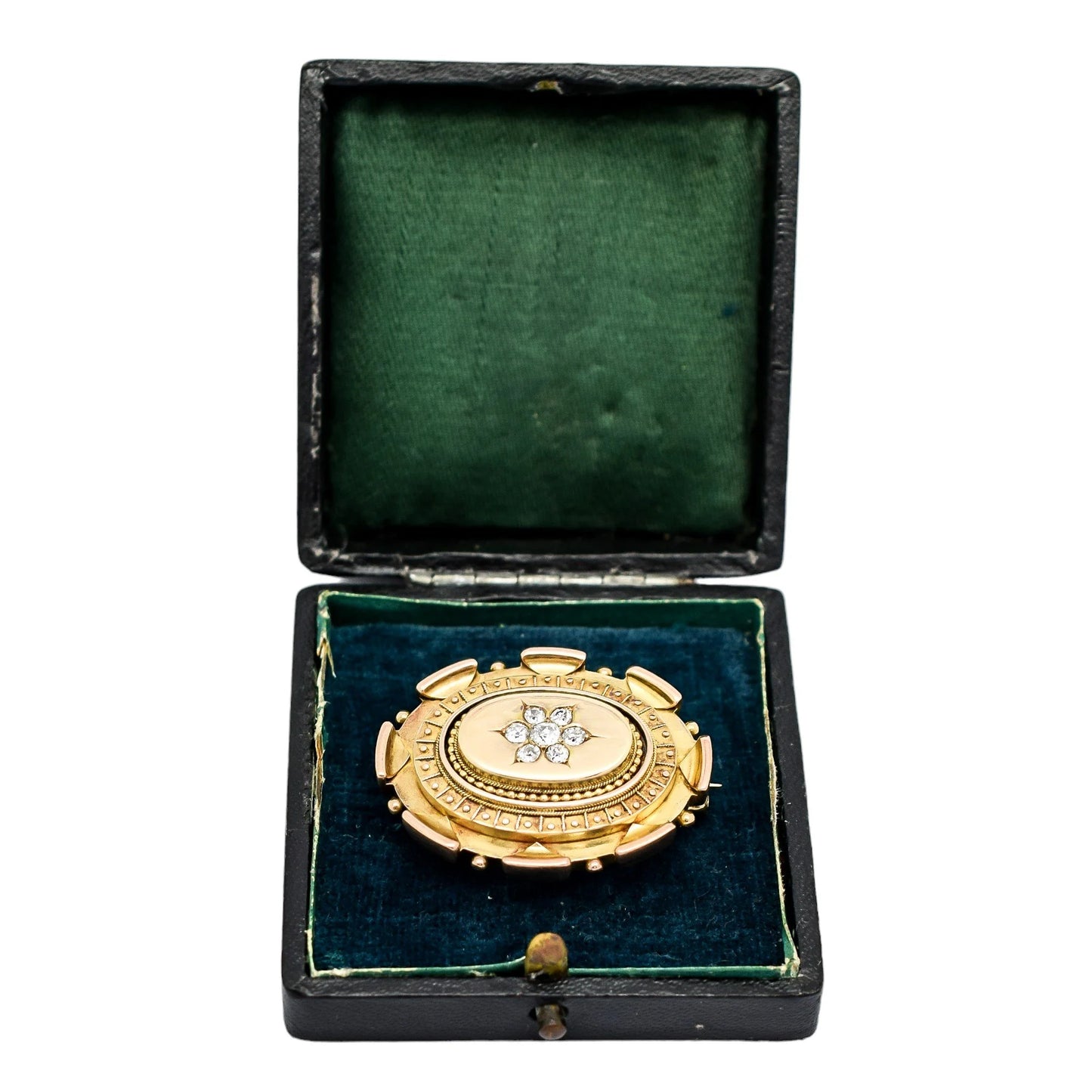 Victorian Etruscan Revival 15ct gold locket brooch, 0.6ct Old-cut diamonds, 13.22g