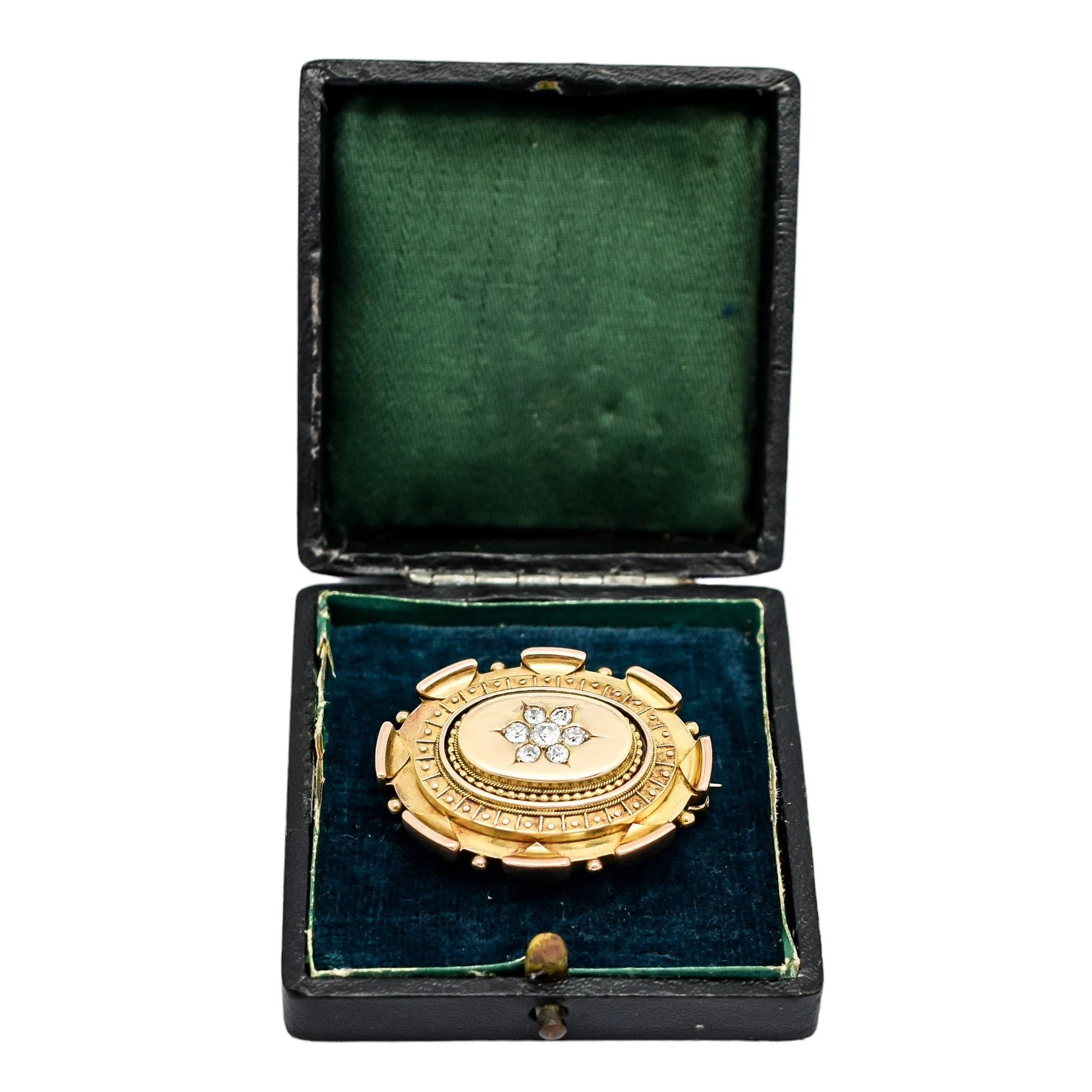 Victorian Etruscan Revival 15ct gold locket brooch, 0.6ct Old-cut diamonds, 13.22g