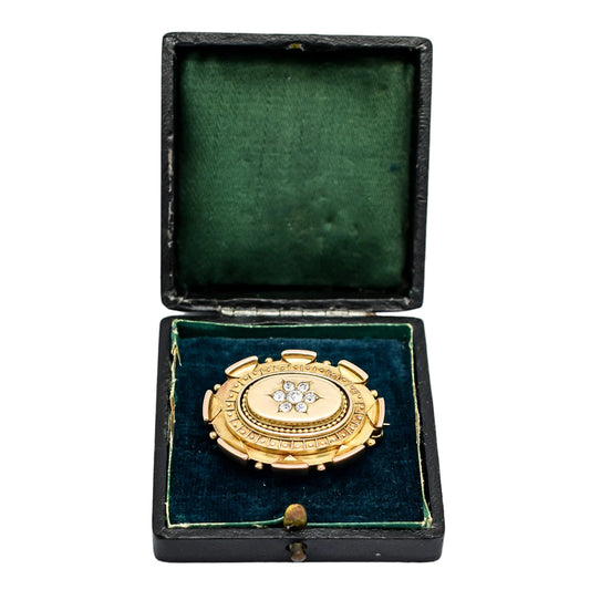 Victorian Etruscan Revival 15ct gold locket brooch, 0.6ct Old-cut diamonds, 13.22g