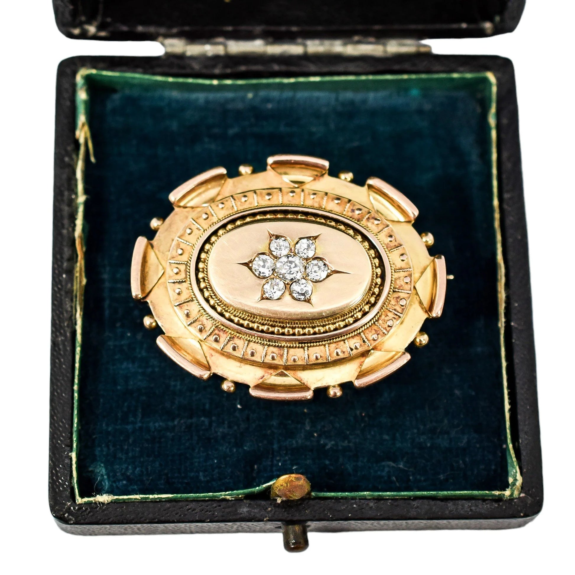 Victorian Etruscan Revival 15ct gold locket brooch, 0.6ct Old-cut diamonds, 13.22g