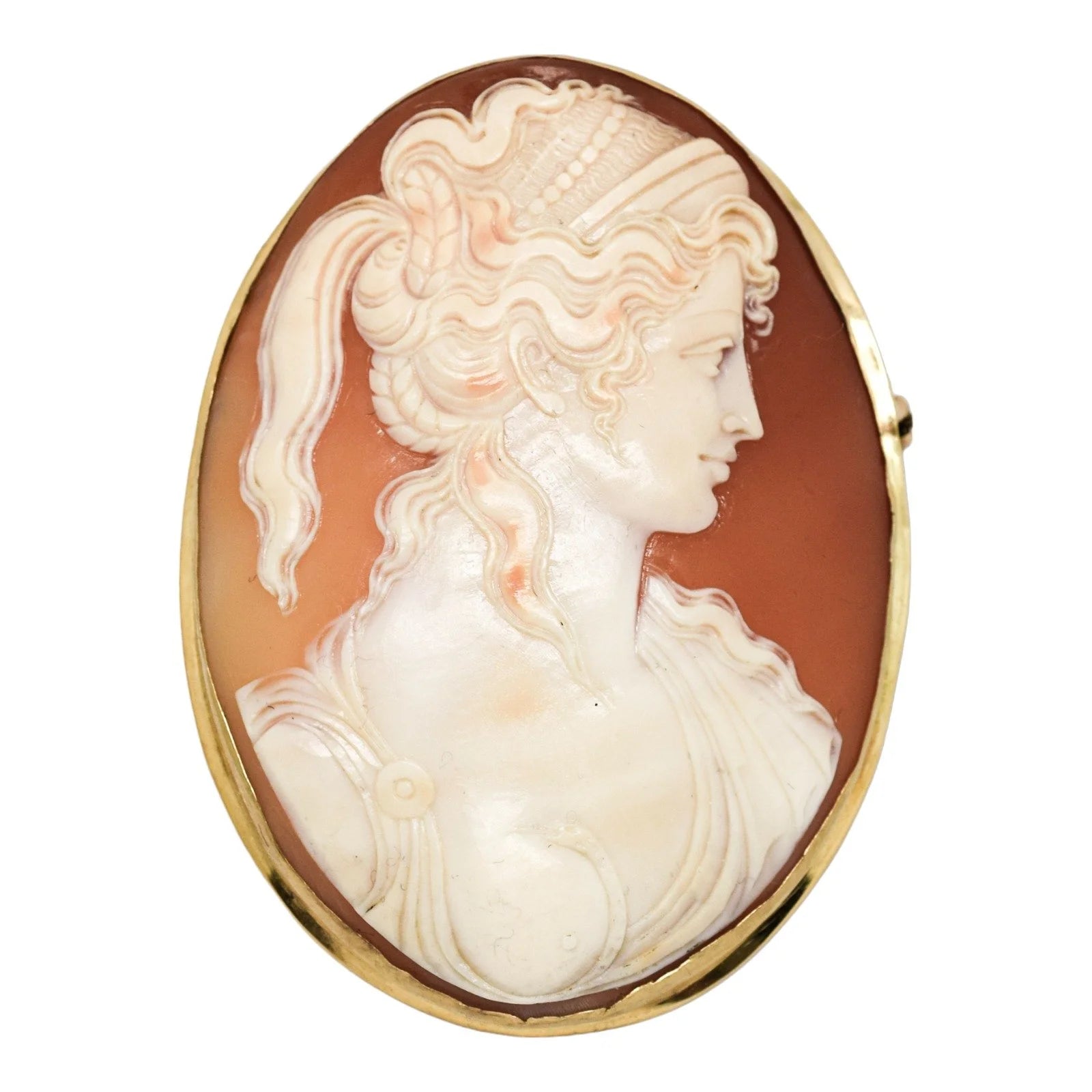 Antique 18ct gold large cameo brooch of Greek woman with snake coiling on her breast