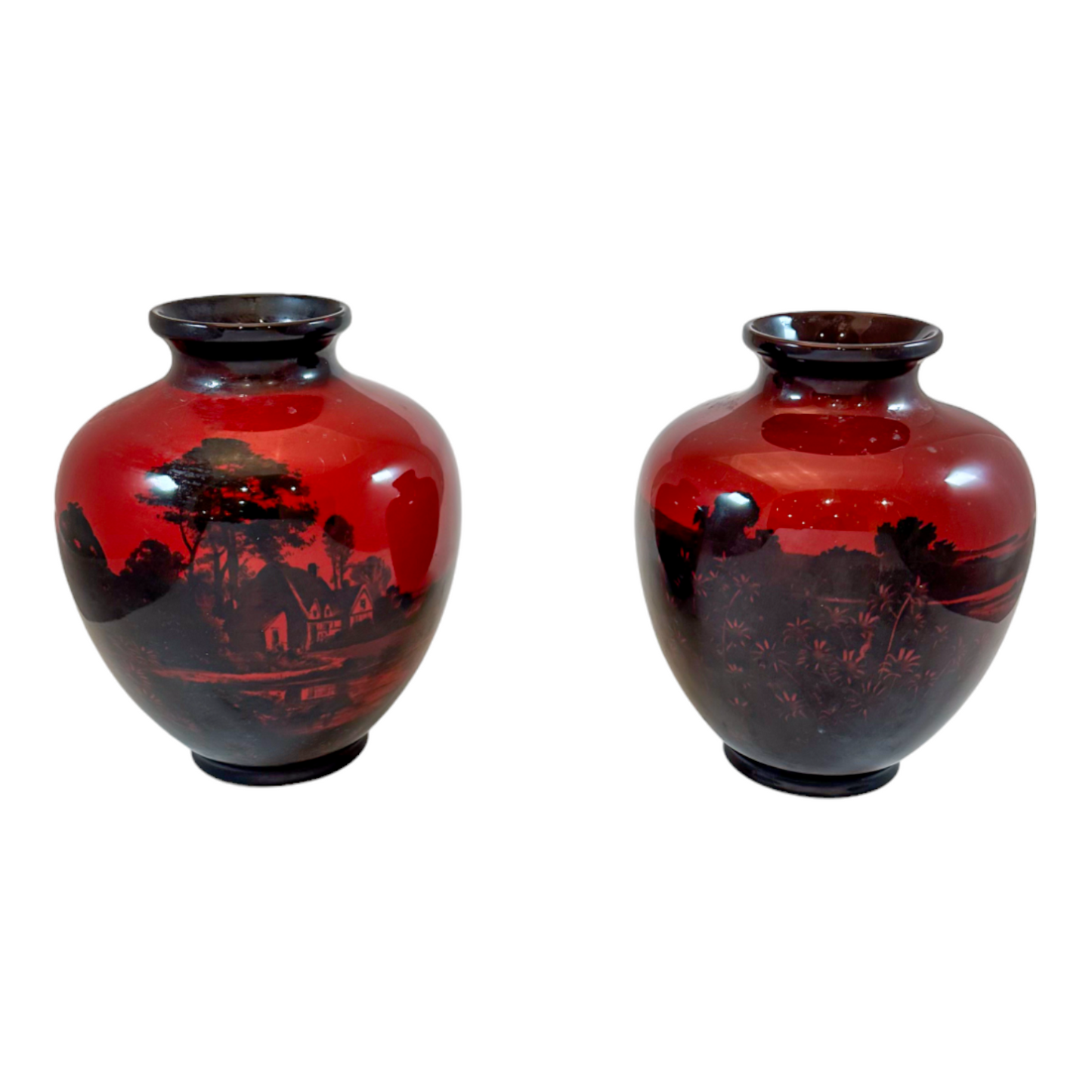Art Deco pair red flambe porcelain urns, Charles Noke for Royal Doulton