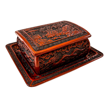 1920's Chinese Republic red lacquer cinnabar lidded box with tray