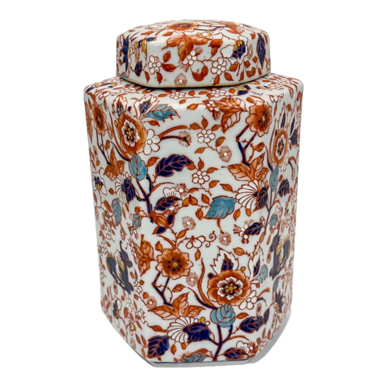 Japanese Meiji era hexagonal lidded caddy / ginger jar with blossoming flowers