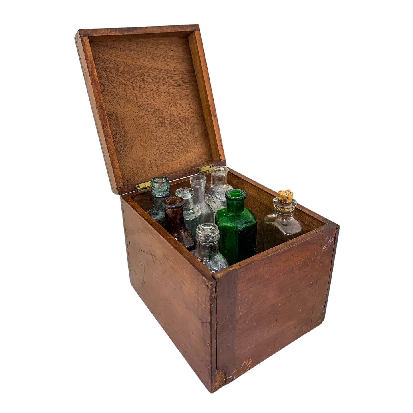 Late Victorian mahogany apothecary box / medicine chest with bottles