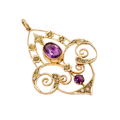 Art Nouveau lavalier amethyst pearl pendant 9ct yellow gold